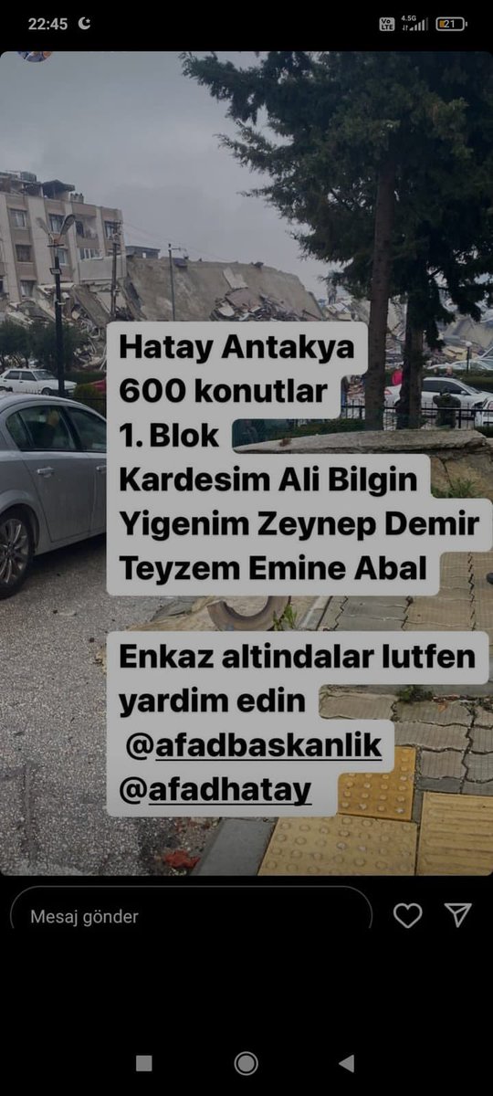 <a href="/AFADBaskanlik/">AFAD</a> <a href="/HatayBSB/">Hatay Büyükşehir Belediyesi</a> akrabalarımızdan haber alınamıyor lütfen yardım gönderelim…