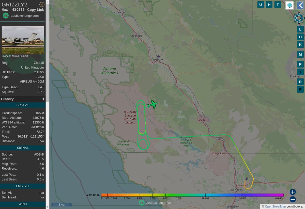 Radar_Assistant's tweet image. MULTI ADSBX CIRCLING ALERT : At time Mon Feb  6 20:31:30 2023 #GRIZZLY2 was likely to be circling at FL119 3nm from HGT Hunter_Liggett_NDB_US
 near Alice Road, Monterey County, California, United St #AvGeek #ADSB globe.adsbexchange.com/?icao=43C5E9&amp;amp;z…