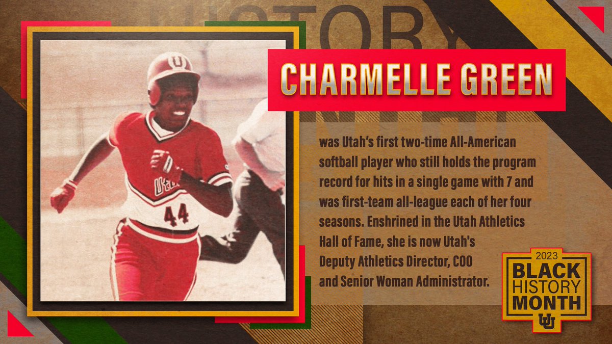 𝐂𝐡𝐚𝐫𝐦𝐞𝐥𝐥𝐞 𝐆𝐫𝐞𝐞𝐧 (𝟏𝟗𝟖𝟖-𝟗𝟏)

➣ 2x All-American <a href="/Utah_Softball/">Utah Softball</a> outfielder
➣ Held 13 school records at graduation
➣ Most hits in one game - 7
➣ Still ranks 5th in SBs and 3Bs
➣ 1991 Sportswoman of the Year

#BlackHistoryMonth | #UtahBHM