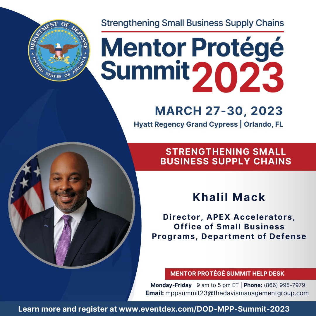BusinessDefense's tweet photo. The Mentor Protégé Summit 2023 welcomes Khalil Mack, Director of APEX Accelerators as a speaker! View the Summit agenda here: https://t.co/ubqZVjeSE9
#smallbusiness #MPS23 https://t.co/TlHlxmn8x3