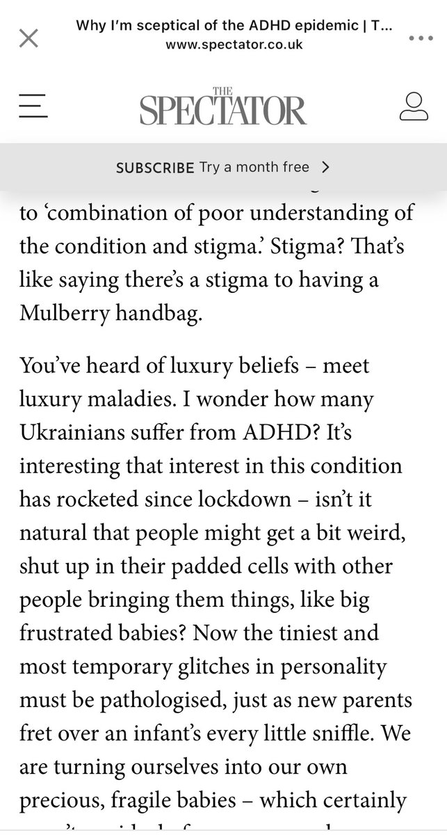 dbrodey's tweet image. Did this woman actually write: I wonder how many Ukrainians suffer from ADHD? Seriously? Honey, you can have my luxury-brand ADhD bag of issues. My ‘gift’ to you. Since I have such a luxury diagnosis. #thespectator