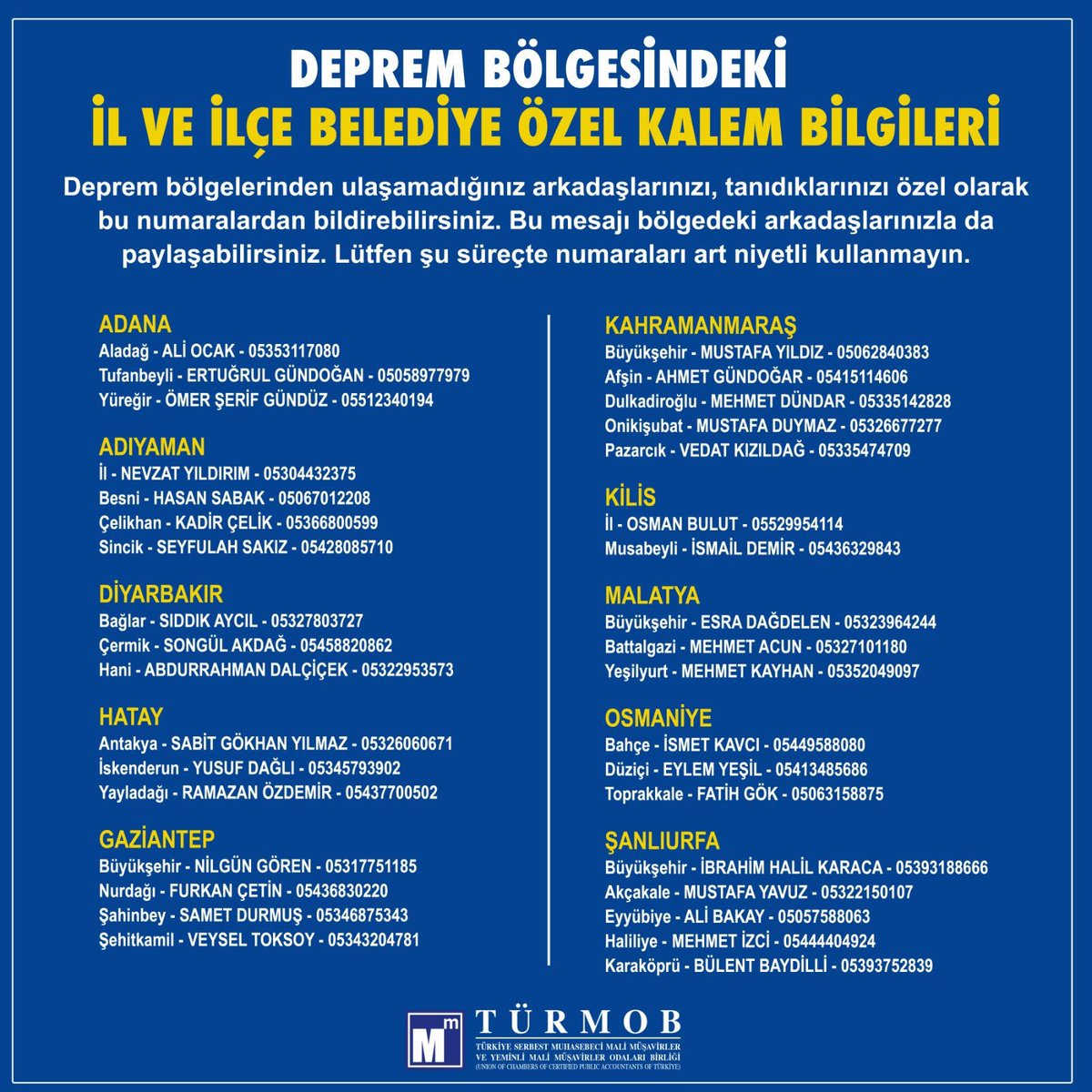 Elden ele retweet edelim 🚨

Deprem bölgelerindeki yakınlarınızı direkt olarak o bölgedeki yetkili kişilere bu numaralar üzerinden iletebilirsiniz..

#hatay #deprem #ohal #seferberlik