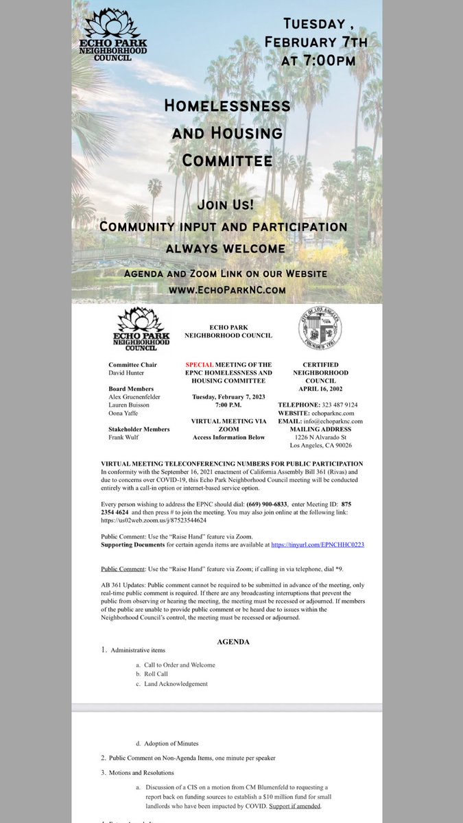 Our Homelessness and Housing Committee meets this Tuesday. Come and be heard during public comment! Echoparknc.com for the agenda and Zoom Link.
#Echopark 
#EchoParkLake
#ElysianPark 
#ElysianHeights
#AngelinoHeights
#VistaHermosaHeights
#HistoricFilipinoTown
#westlake