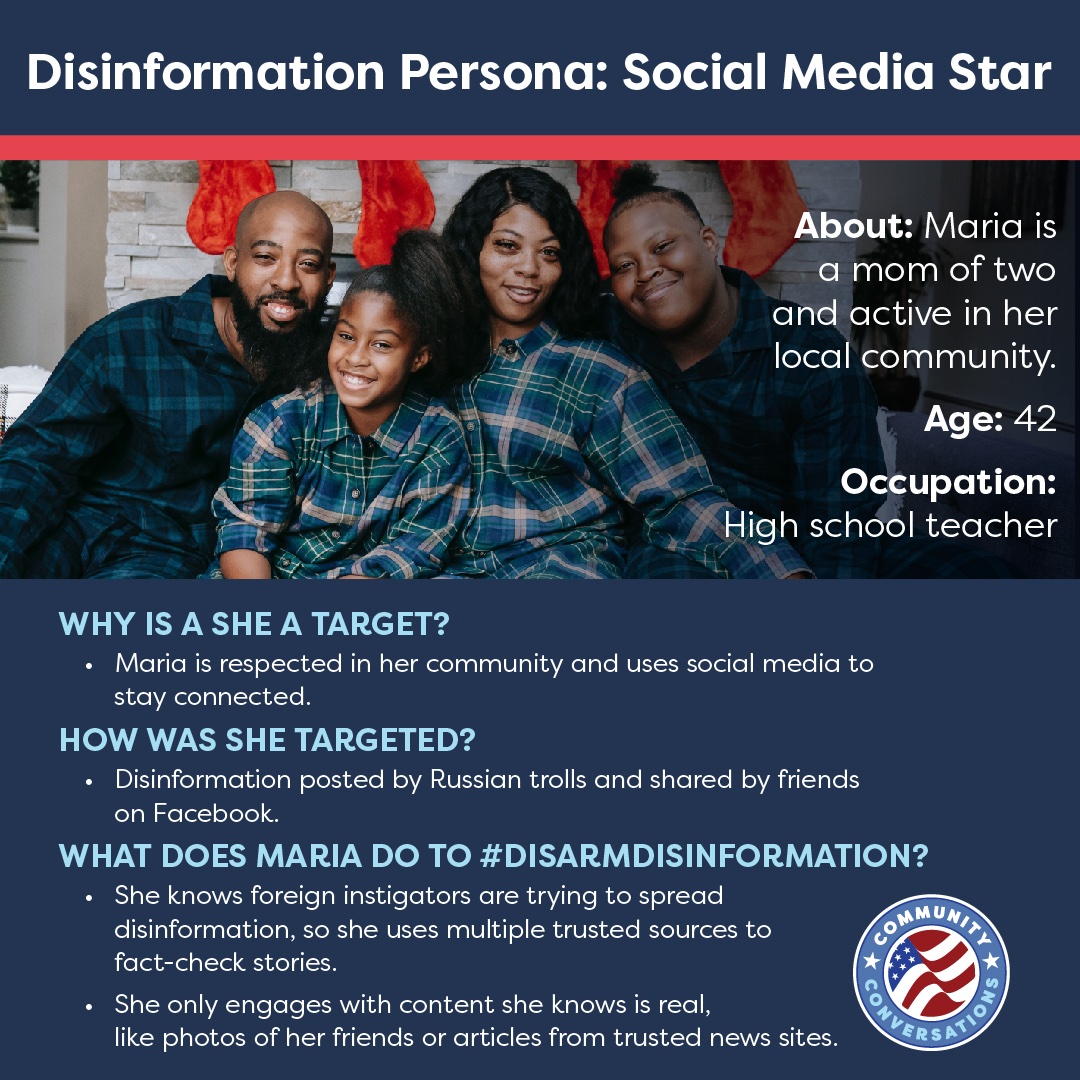 Project4America's tweet image. Meet Maria. She is a mom of two, a high school teacher and an active community member. She loves to know what is happening in her kids' lives and she uses social media to stay connected.  Maria is helping to #DisarmDisinformation.