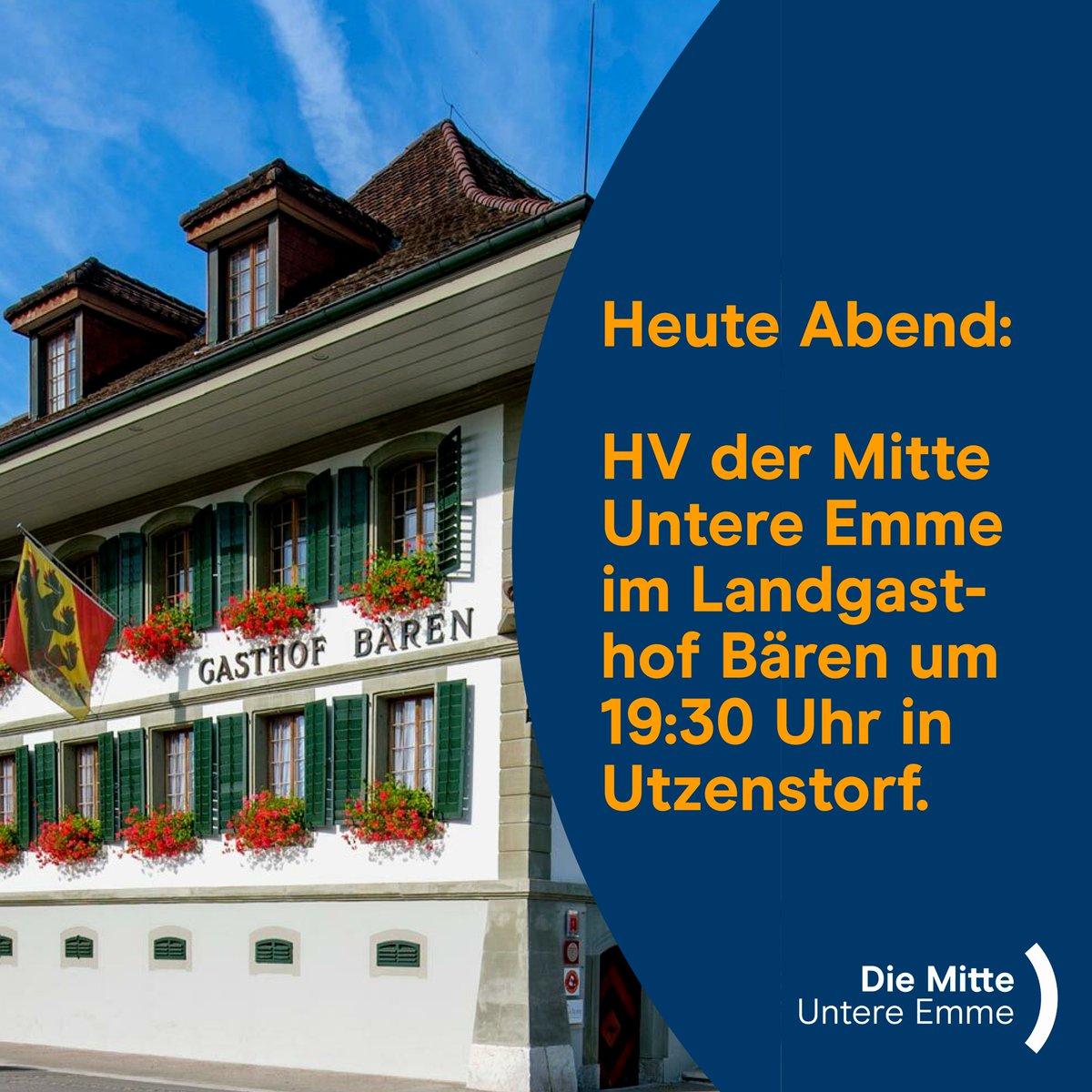 Unsere 14. #Hauptversammlung findet heute Abend im Landgasthof #Bären in #Utzenstorf statt. Wir freuen uns auf euch! #DieMitte #UntereEmme