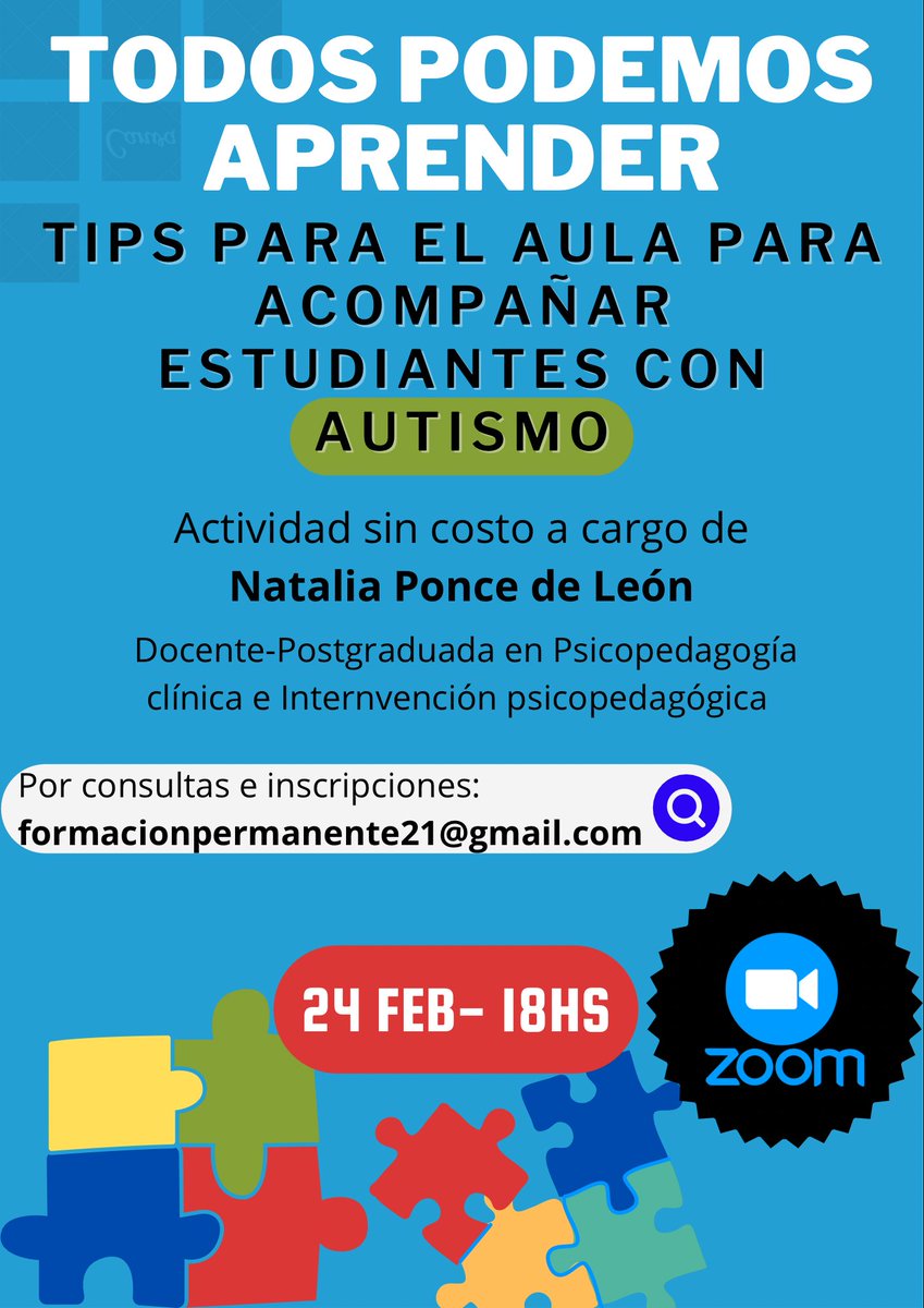 Atenti educadores!
Actividad de formación: tips/herramientas. 
La casuística del espectro AUTISTA es muy elevada (1/44) por lo que es posible compartir el aula, y los aprendizajes junto a ellos. Los invitamos a una actividad SIN COSTO.
Se agradece RT/difusión