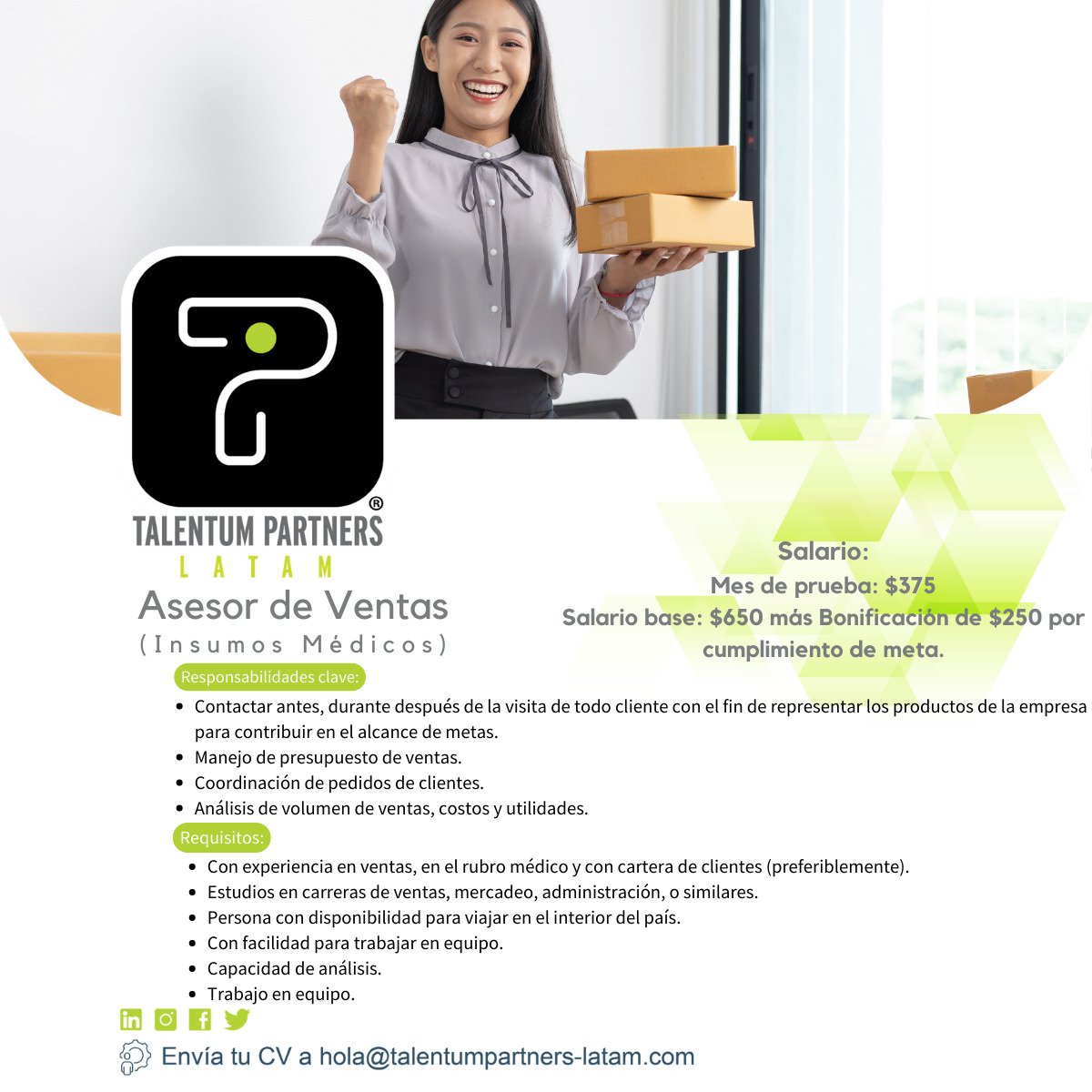 TalentumPartner's tweet photo. Oportunidad como Asesor de Ventas (Insumos Médicos) con disponibilidad para viajar en el interior del país. Envía tu CV actualizado a hola@talentumpartners-latam.com
.
Aplica desde nuestro Sitio Web: https://t.co/DU1ruYWXgP
.
.
#ventas #empleossv #elsalvador #asesordeventas #sv https://t.co/fs8rwGXhBc