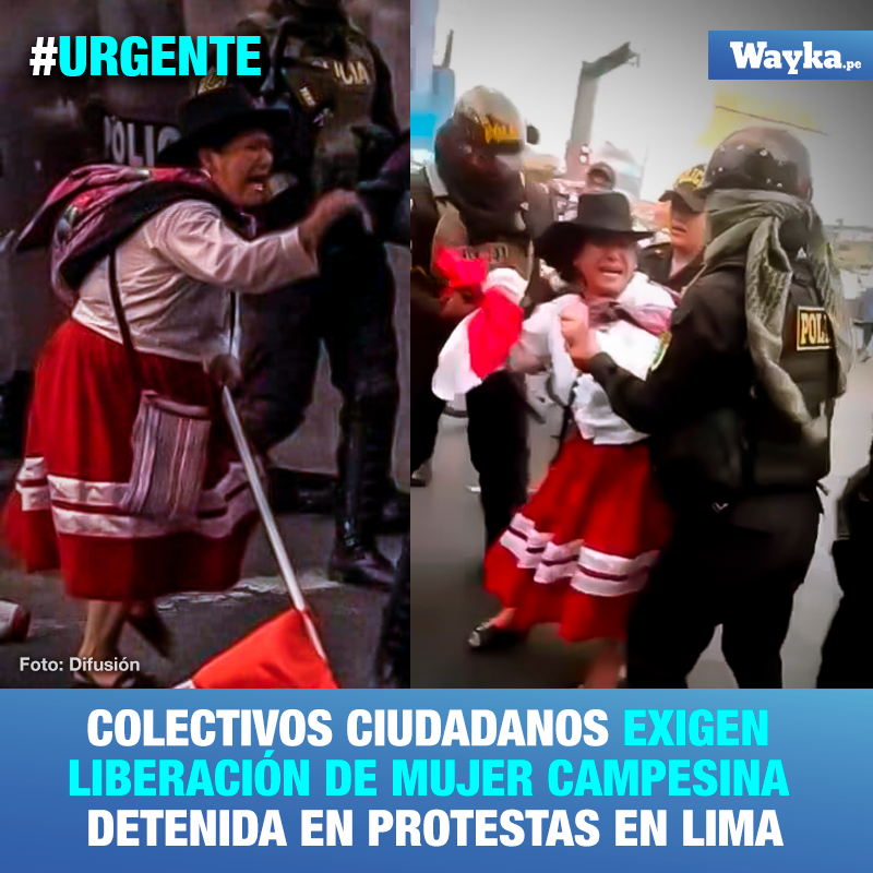 WaykaPeru's tweet photo. Ciudadana Aida Aroni fue detenida violentamente por la @PoliciaPeru durante la protesta pacífica del 4 de febrero en Lima. Sin embargo, continúa retenida junto con más de 20 personas en Comisaría del Rímac.
C.c. @cnddhh @Defensoria_Peru @onamiap @FiscaliaPeru https://t.co/lqdYvC4lIp