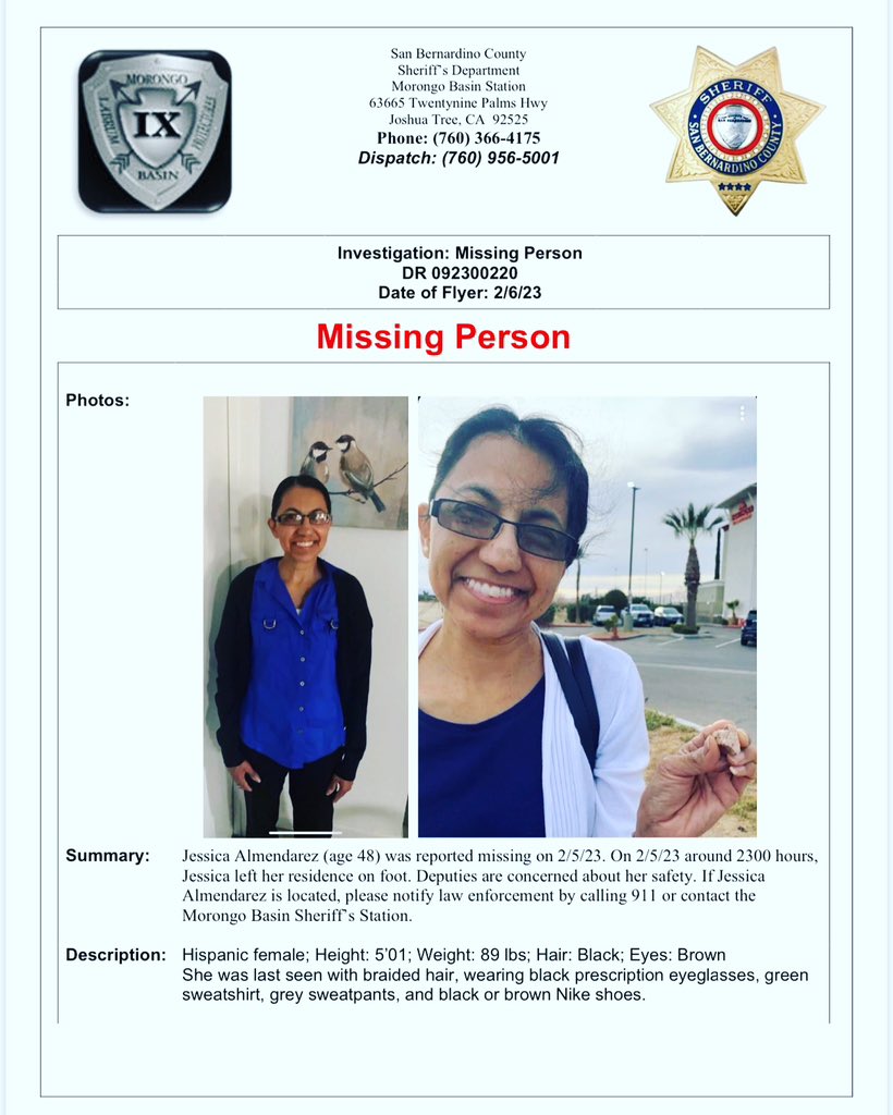 morongobasinstn's tweet photo. MISSING PERSON: Jessica Almendarez
Please share this information. 
Contact dispatch immediately if seen: (760)956-5001 https://t.co/9b3Ss0JaPD