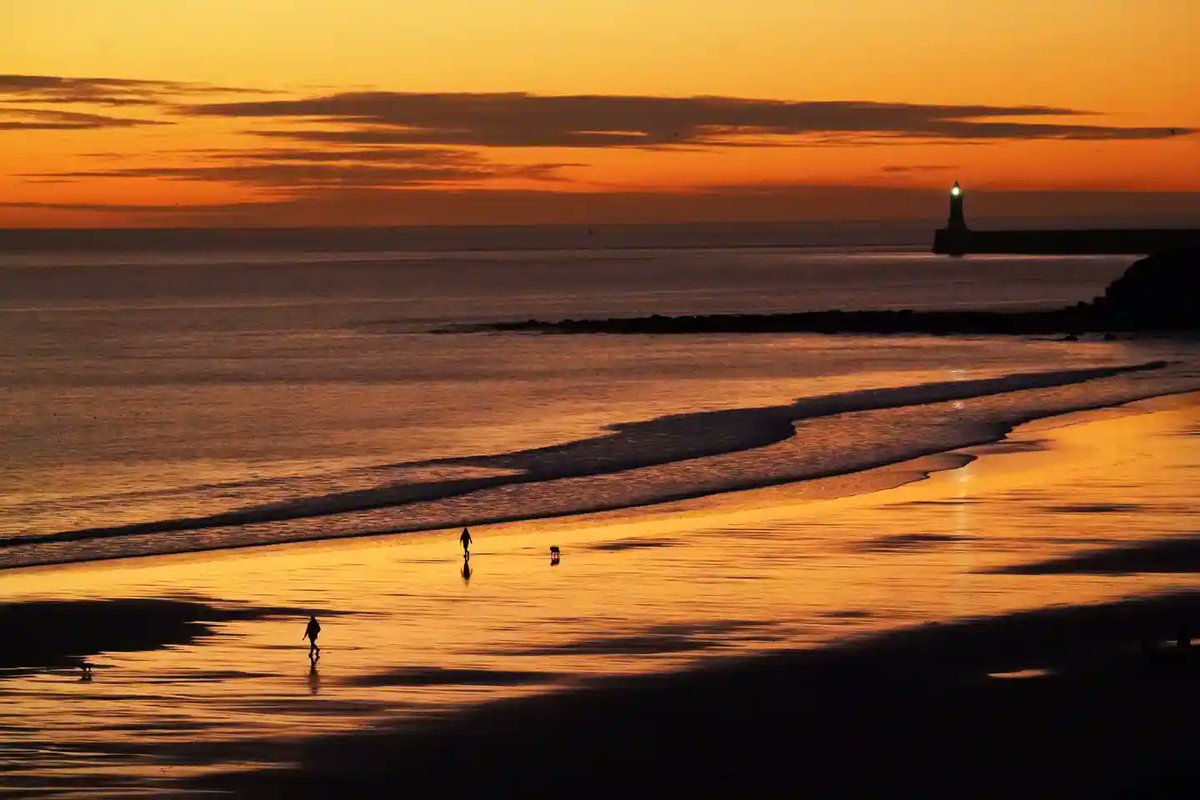 MatHermanny's tweet photo. Tynemouth, UK - People walk their dogs at sunrise along Tynemouth longsands https://t.co/ZDcUvEhXp5