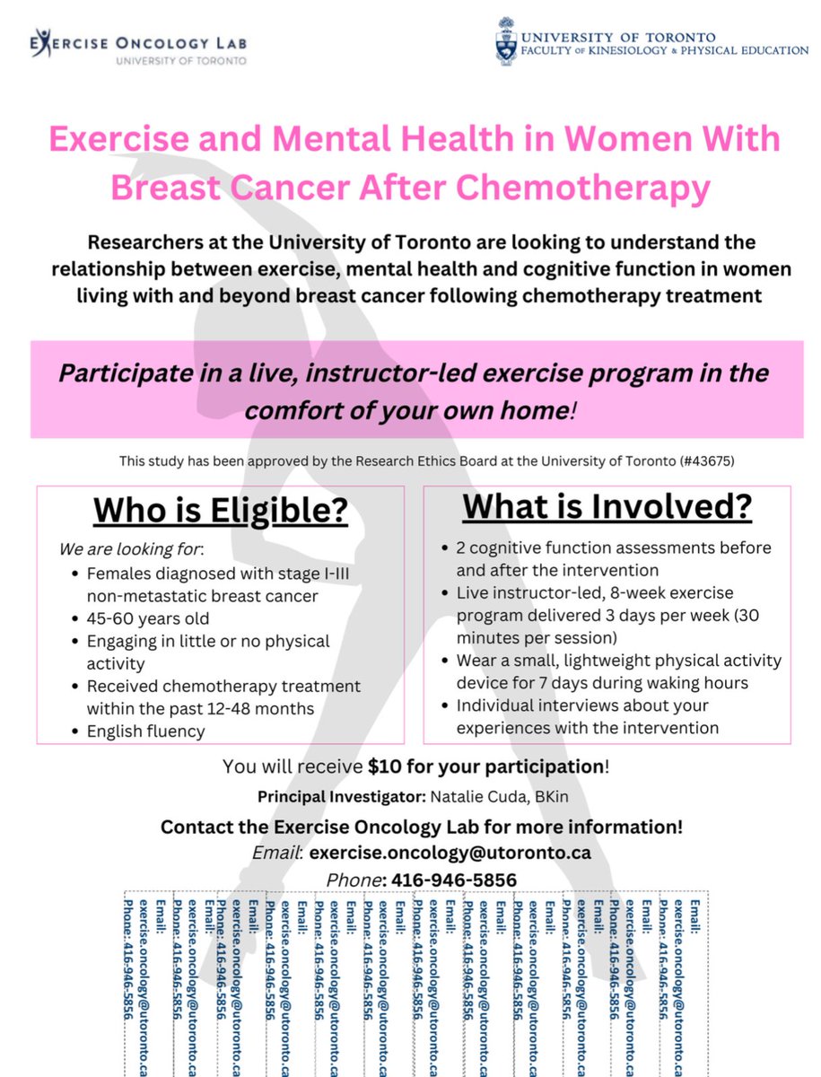 active_match's tweet image. Great opportunity!
Anyone interested in the Physical Activity after Chemotherapy study can email Natalie at natalie.cuda@mail.utoronto.ca.