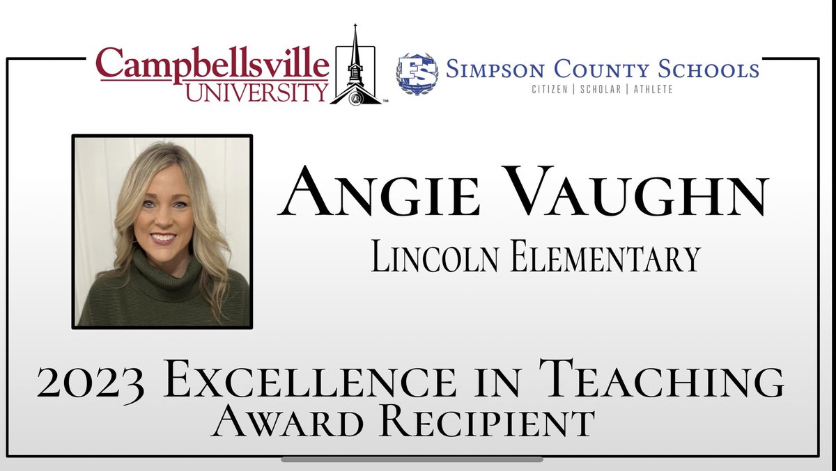 leann414's tweet photo. Congratulations to Ms. Vaughn from @franklinsimpson for receiving the Excellence in Teaching Award from Campbellsville University!  @FS_Schools @angievaughn99 https://t.co/HS7mdxiRIK