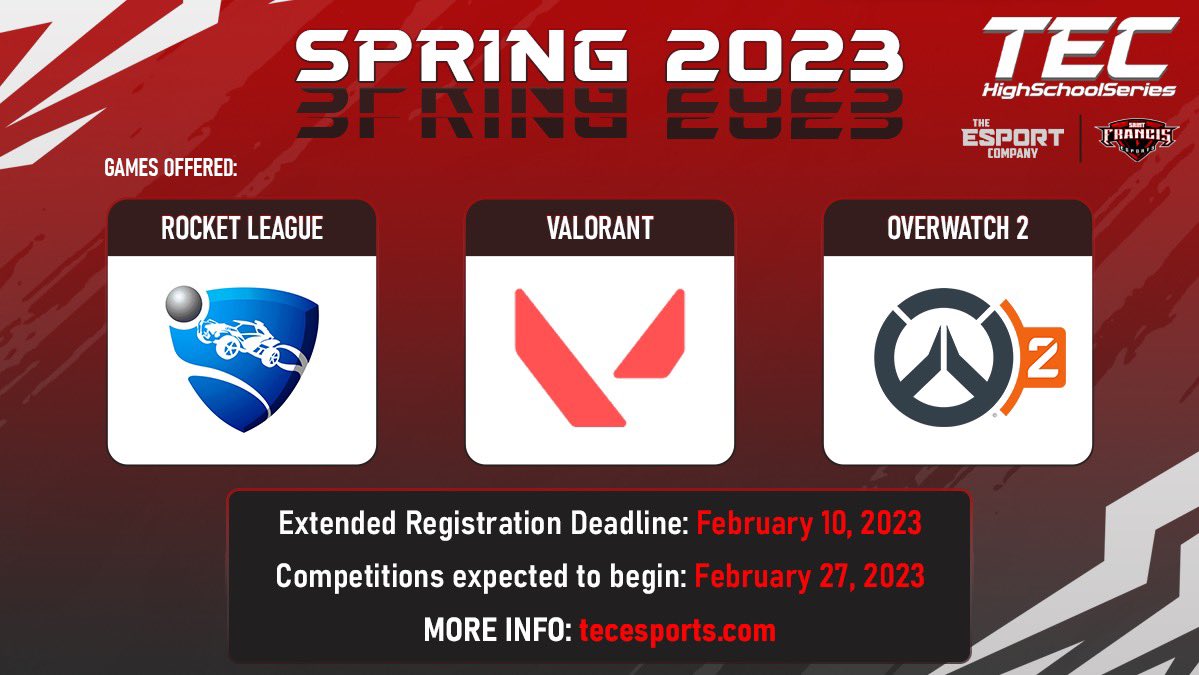 EsportCompanyUS's tweet photo. TEC High School Series is BACK for the Spring 23’ Season! 🔥

Make sure to sign up before the deadline on Feb. 10th! https://t.co/vDt38hlNyh