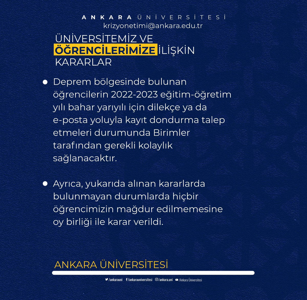 📑Ankara Üniversitesi 2022-2023 Eğitim Öğretim Yılı Bahar Dönemi Senato Kararlarımız…#deprem