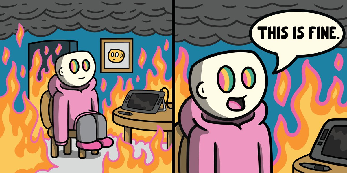 Dentinmyhead's tweet photo. Last year I quit my day job to become a full-time digital artist...
The NFT market crashed 2 months later, the economy went into a recession, and just wanna keep drawing jpegs.
#DentedMemes https://t.co/IejJYOYdGS
