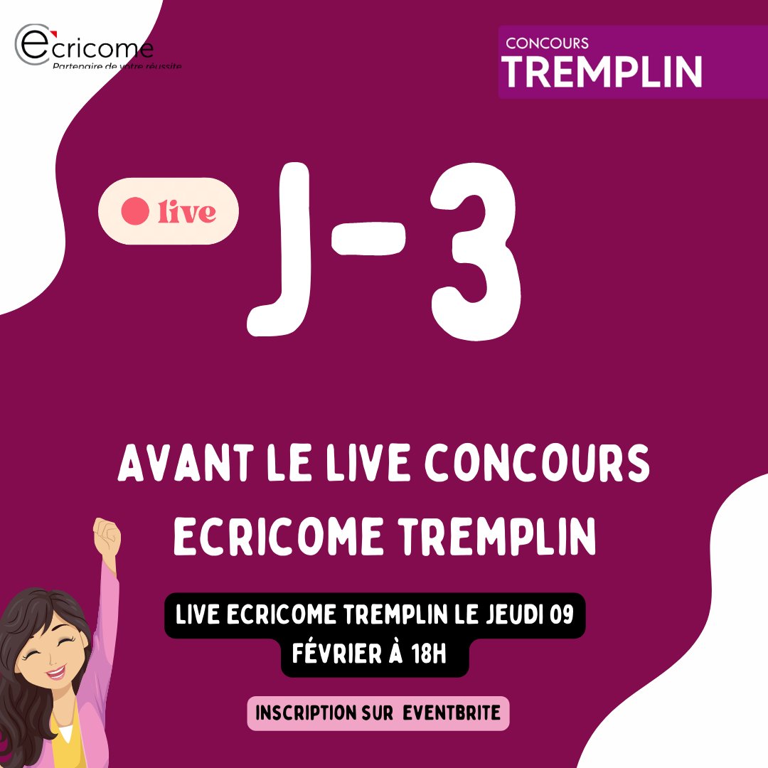 🔴Vous souhaitez des informations sur les concours ECRICOME TREMPLIN 1 &amp; 2 ? 😉
Participez au live du jeudi 9 février à 18h et posez toutes vos questions.

 <a href="/EMStrasbourg/">EM Strasbourg (FR)</a> <a href="/KedgeBS/">KEDGE Business School</a> @Montpellier_BS <a href="/NEOMAbs/">NEOMA Business School</a> <a href="/RennesSB/">Rennes SB</a> 

🔗Inscriptions sur eventbrite !