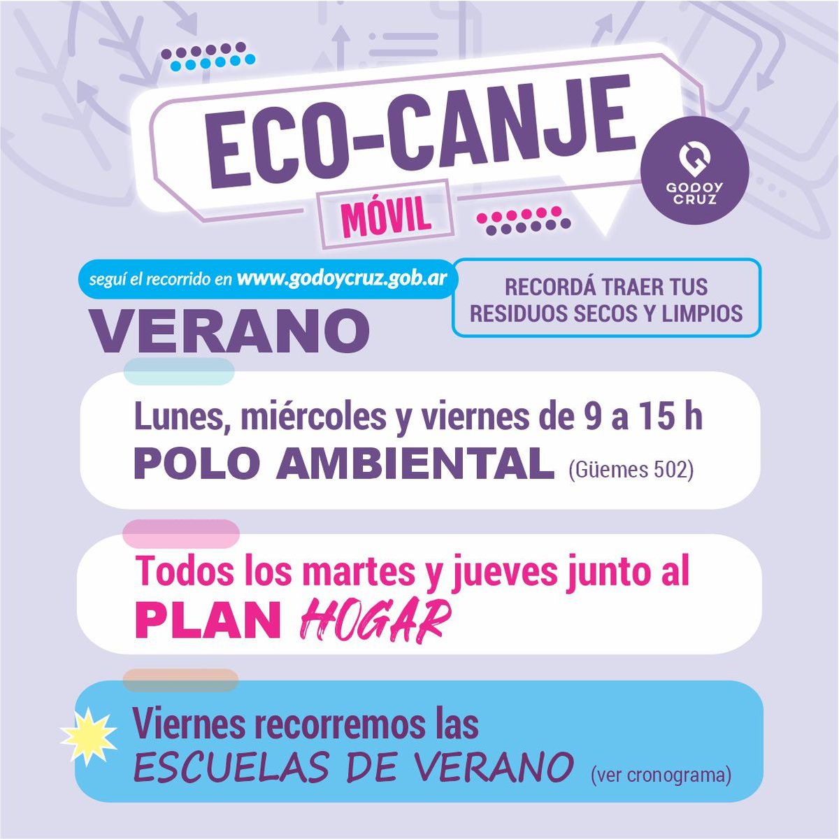 MuniGodoyCruz's tweet photo. 📅 Agendate el recorrido del #EcoCanjeGC y canjeá crédito para la SUBE con residuos secos 🚌💳
#EspecialVerano #AmbienteGC https://t.co/5vXYy50VGQ