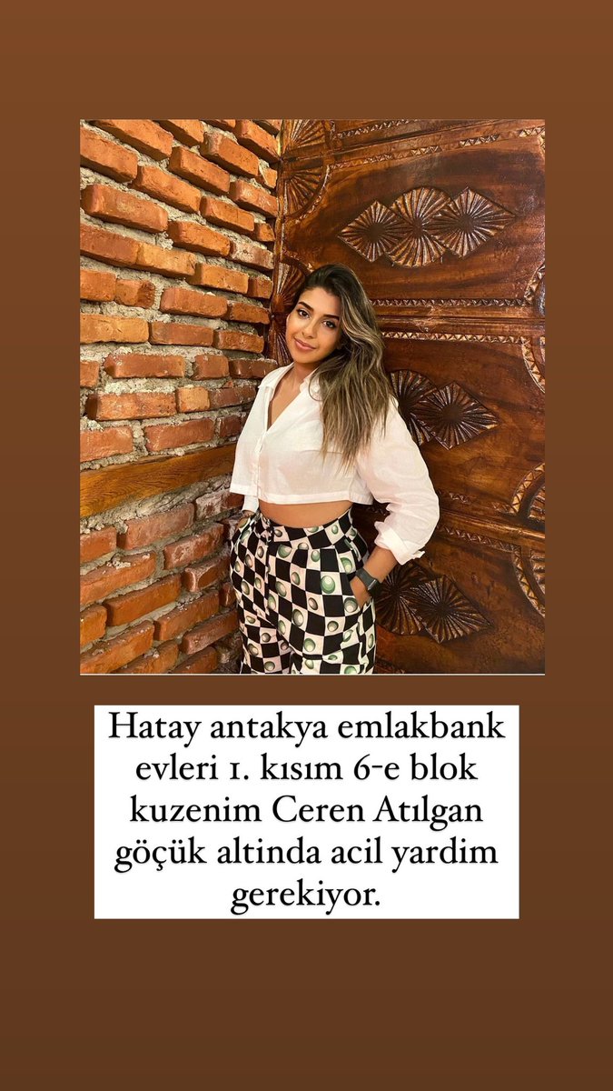 Hatay hiç yardım ulaşmıyor ‼️ Lütfen ses olalım Av. Ceren Atılgan enkaz altında ‼️ 
Adres; hatay antakya emlakbank evleri 1. kısım 6-e blok #deprem 
<a href="/DepremDairesi/">AFAD Deprem</a> <a href="/IstanbulAFAD/">A F A D İstanbul</a> <a href="/bursa_afad/">AFAD Bursa</a> <a href="/AFADHatay/">AFAD HATAY</a> <a href="/HatayBSB/">Hatay Büyükşehir Belediyesi</a> 
<a href="/hataymem/">Hatay İl Millî Eğitim Müdürlüğü</a> <a href="/HatayBaro/">HATAY BAROSU</a> <a href="/HatayValiligi/">T.C. Hatay Valiliği</a> 
<a href="/hataybaroihvck/">Hatay Barosu İnsan Hakları Ve Cezaevi Komisyonu</a> <a href="/hataybarosu/">Hatay Barosu</a>