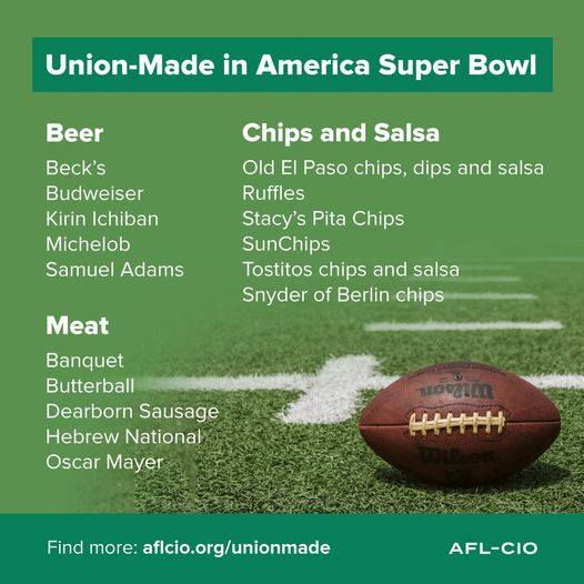 Shop union this Super Bowl with our guide of union-made dinks and snacks. #union #UnionStrong  
<a href="/IAFFofficial/">International Association of Fire Fighters</a> <a href="/CAFirefighters/">CPF</a> <a href="/AFLCIO/">AFL-CIO ✊</a> <a href="/LALabor/">Los Angeles County Federation of Labor, AFL-CIO</a>
