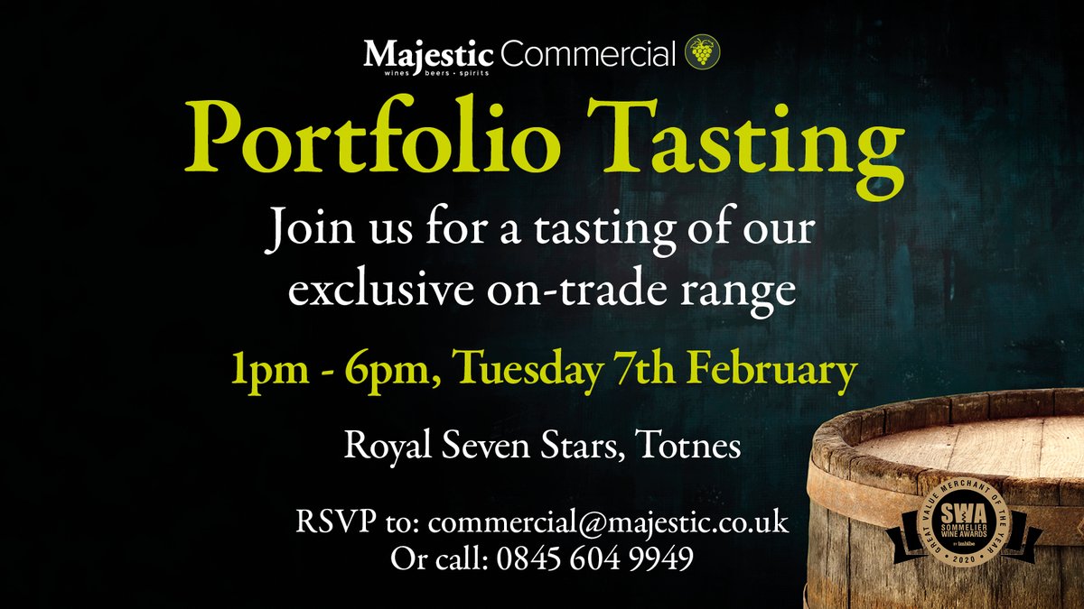 Majestic Taunton (@majestictaunton) on Twitter photo Would you like to see great wine at your favourite pub, restaurant or bar? Tell them about our exclusive tasting, tomorrow Tuesday 7th Februry in Totnes.
Please RSVP to commercial@majestic.co.uk or call 0845 604 9949 to confirm your place. Would you like to see great wine at your favourite pub, restaurant or bar? Tell them about our exclusive tasting, tomorrow Tuesday 7th Februry in Totnes.
Please RSVP to commercial@majestic.co.uk or call 0845 604 9949 to confirm your place.