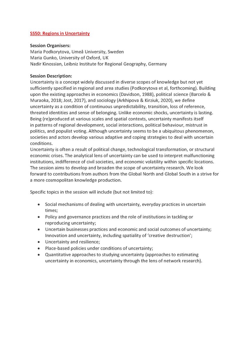 Send your abstracts to SS50: Regions in Uncertainty

2023 RSA Annual Conference Transforming Regions: Policies and Planning for People and Places, Ljubljana, Slovenia 
@regstud @DanielaSCarl @Leibniz_IfL @ms_gunko #uncertainty #regionaldevelopment #CfP 

regionalstudies.org/news/2023-rsa-…!