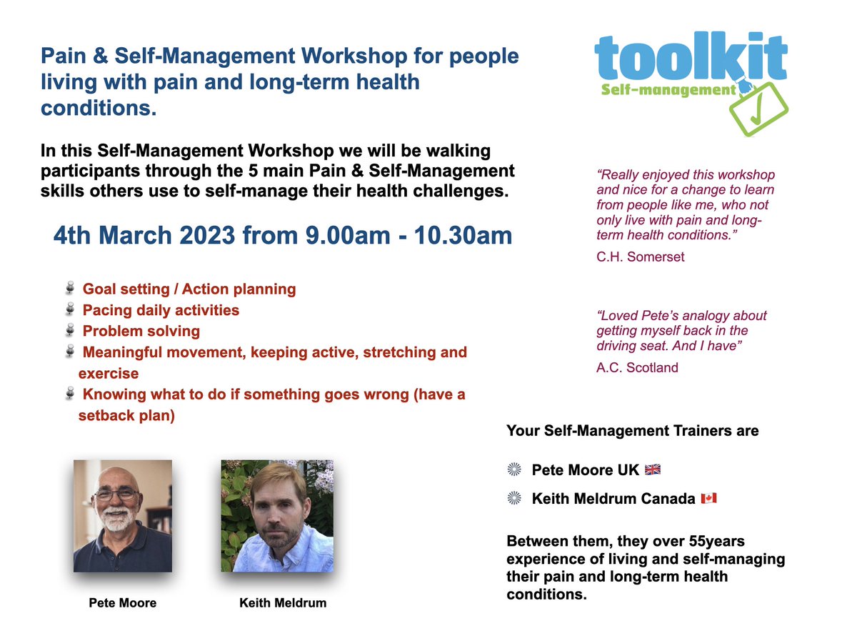 Pete Moore (@paintoolkit2) on Twitter photo Pain & Self-Management Workshop for people living with pain and long-term health conditions. 90min Workshop SelfMgt Trainers Pete Moore & Keith Meldrum explain the 5 Pain & Self-Management skills.  Only £15.00
Book here
eventbrite.co.uk/e/selfmgt-work… Pain & Self-Management Workshop for people living with pain and long-term health conditions. 90min Workshop SelfMgt Trainers Pete Moore & Keith Meldrum explain the 5 Pain & Self-Management skills.  Only £15.00
Book here
eventbrite.co.uk/e/selfmgt-work…