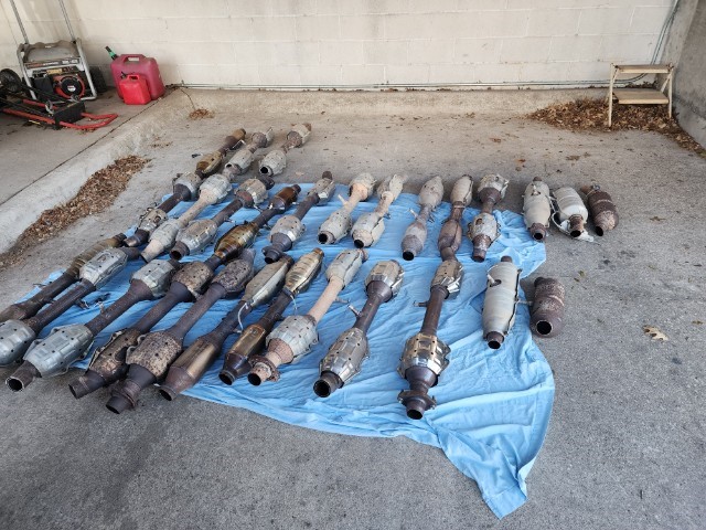 CedarParkPD's tweet photo. During a traffic stop over the weekend, our Officers found 28 suspected stolen catalytic converters in the trunk. 
Joseph Dominguez and Trevon Williams were arrested and charged with theft of property. 
Great work to our team and remember: if you see something, say something. https://t.co/VeLT5lcSGY