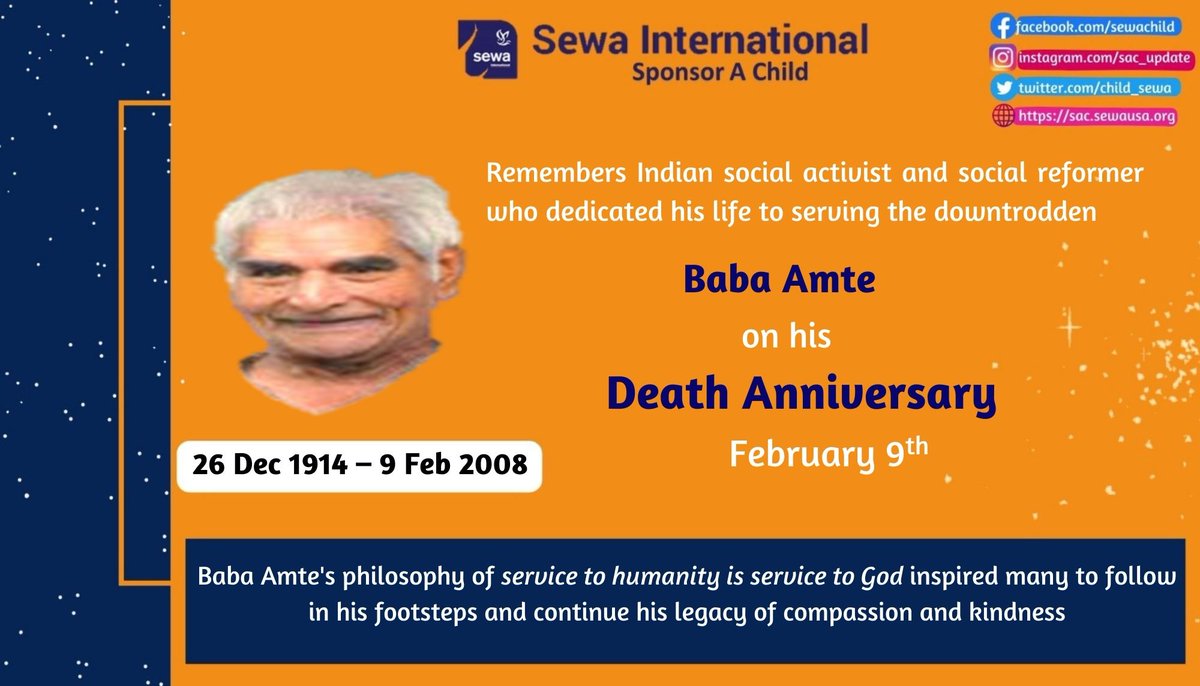 child_sewa's tweet photo. Remembering the social reformer who dedicated his life to serving the downtrodden and marginalized sections of society. He was known for his work in empowering people with disabilities, tribal communities, and #leprosy patients.
#babaamte https://t.co/Uv9Cf28gIq
