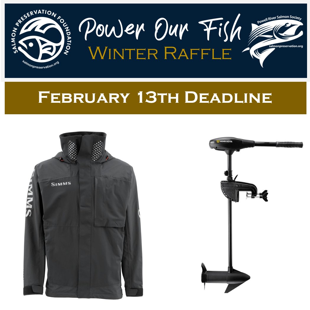 PRSalmon's tweet photo. Two more of the fantastic prizes in our Power Our Fish Raffle! Enter for your chance to win a Minn Kota trolling motor and simms jacket! https://t.co/9pVSTB1eto  
.
#raffle #entertowin #charity
 #powellriversalmon #salmon #pacificsalmon #salmonenhancement #prss #fishing #salmon https://t.co/1300kyRTEr