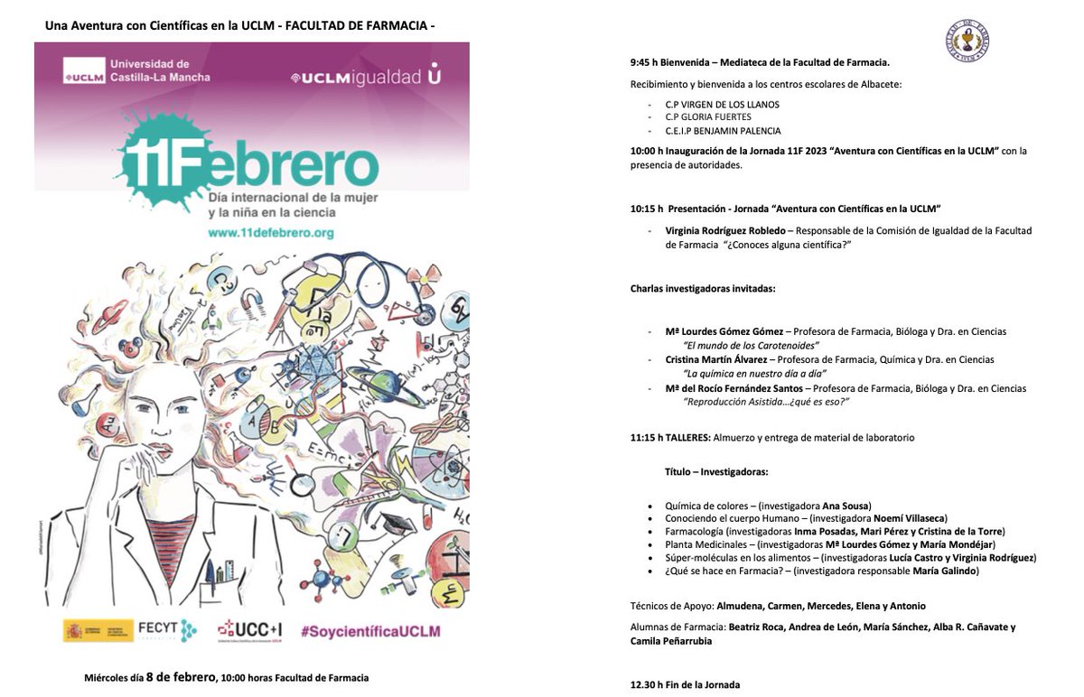 FarmaciaAB_UCLM's tweet photo. La Facultad de Farmacia se une al #11F con actividades para fomentar la participación de mujeres y niñas en la ciencia 💊🧪 ¡Ven y descubre las actividades que hemos preparado para este año! #MujeresEnLaCiencia https://t.co/49Y5dRfyda