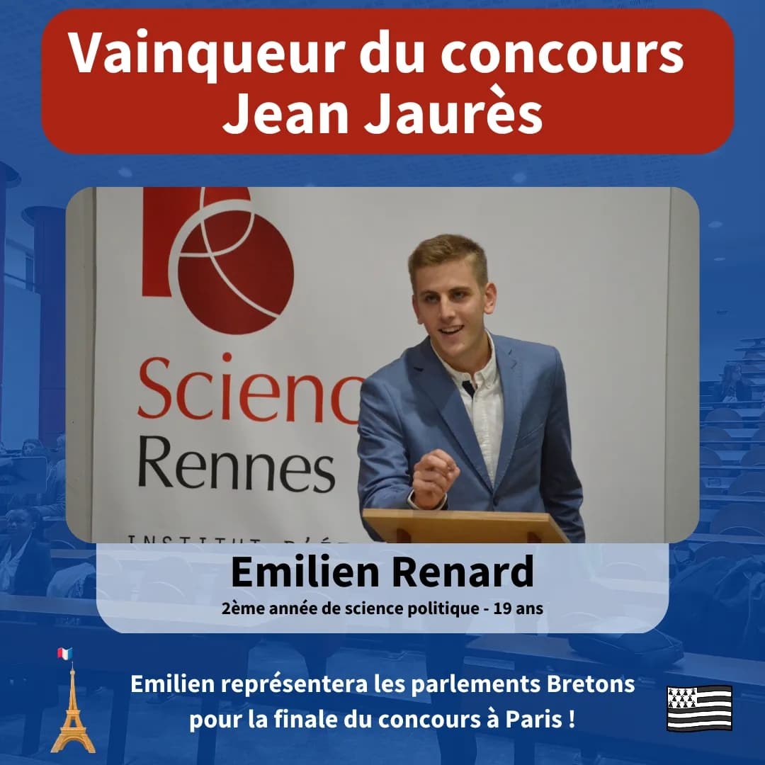 PE_Rennes's tweet photo. 🔵🔴 Bravo à Émilien Renard, grand vainqueur du concours Jean Jaurès pour l'année 2022-2023 !

Nous lui souhaitons bonne chance pour la finale qu'il disputera face au reste de la France en Mars prochain 😉 https://t.co/SLWaOtBwMv