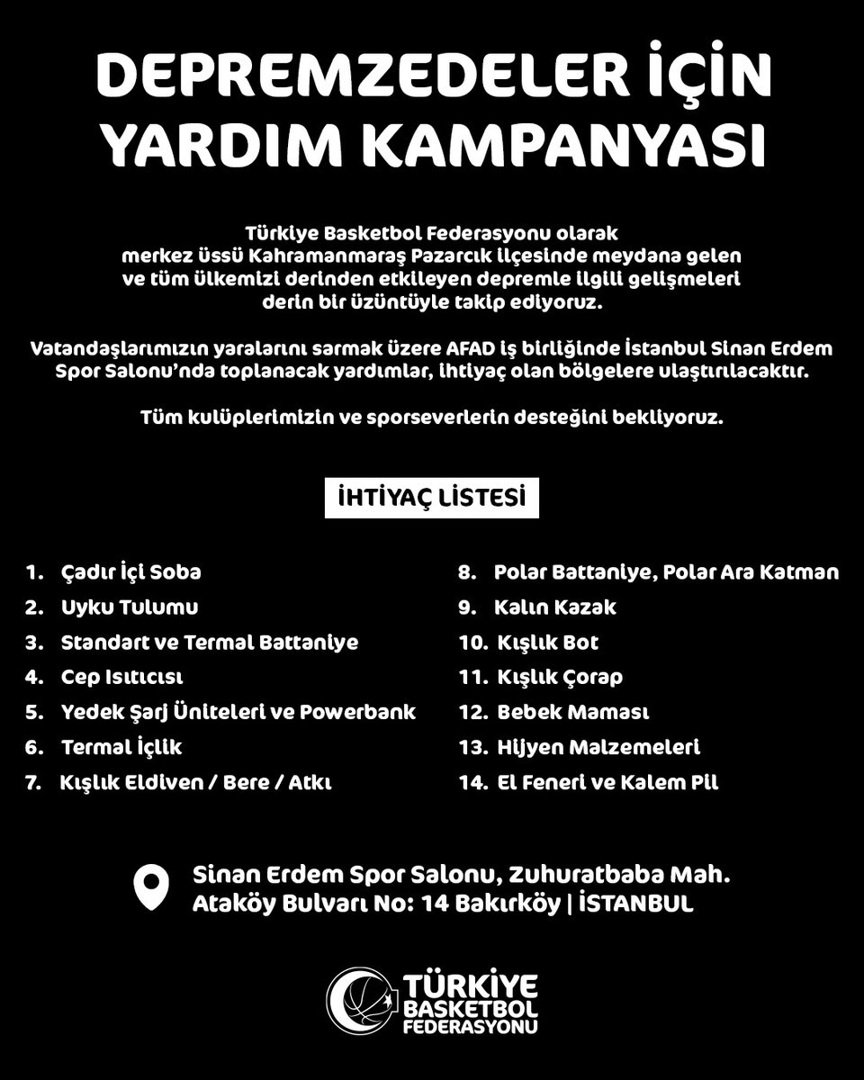 Türkiye Basketbol Federasyonu olarak, depremden etkilenen tüm vatandaşlarımızın yanındayız.

Yardım kampanyamızın detayları ve ihtiyaç listesi için 👉 bit.ly/3RDahkY