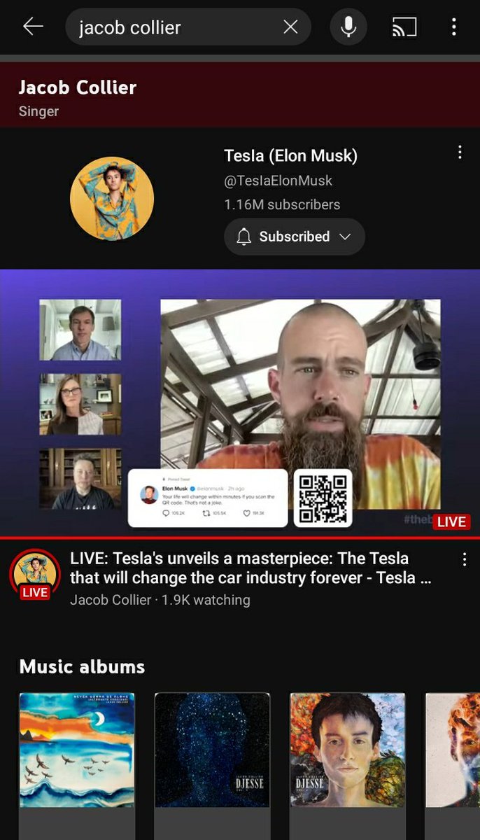 javymakesmusic's tweet photo. Did elon just hack Jacob Collier's YouTube channel??? https://t.co/Z02L20Eiay