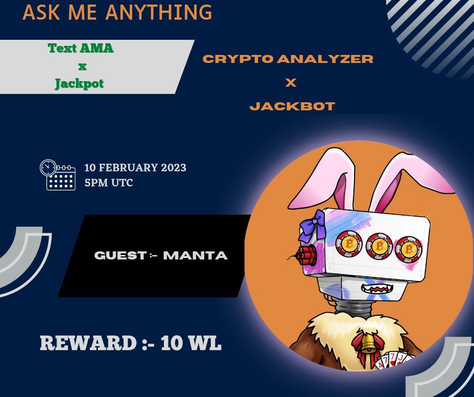 Join Our Next TEXT AMA Series 🎁Prize: 10WL 📆Date:  10th February 2023 🧭Time: 5:00 PM UTC 🏨 Venue: t.me/CRYPTOANALYZER… 〽️ Rules: 1️⃣. Follow   @jackbotclub 2️⃣. Like Retweet & Comment Your Questions (5 Questions Max