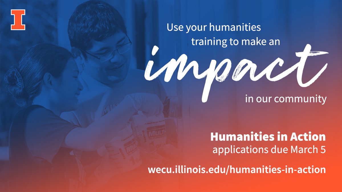 Are you an #ILLINOIS undergrad student interested in pursuing community engagement opportunities within the Champaign-Urbana community? 

Apply for Humanities in Action, a semester-long, funded program by <a href="/WeCU_scholars/">WeCU</a>! 

Applications due by 3/5 ▶️ bit.ly/3WcrK4q