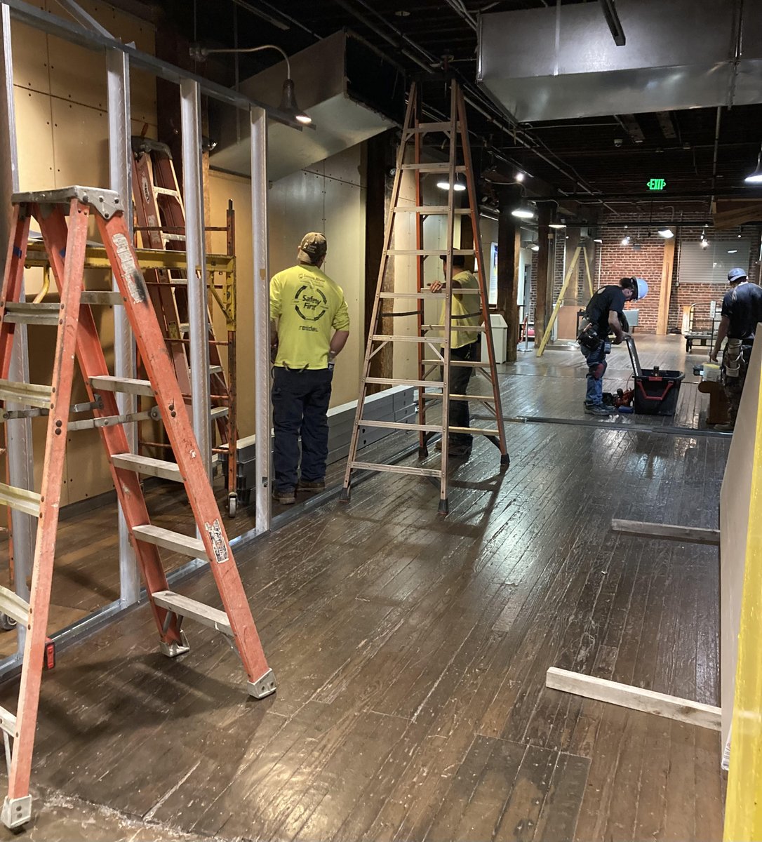 Construction started in earnest this morning at the Museum. Work crews from Leipertz Construction arrived bright and early and began removing walls in the video room and putting up metal studs where new drywall will go up in the entranceway. #vaholocaustmuseum