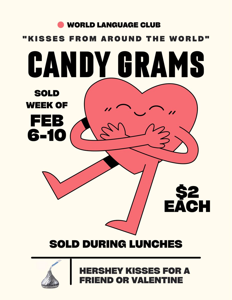 Keep an eye out for the candy grams being sold during lunches this week! Surprise someone with a bag of Hershey kisses and a message! 💗