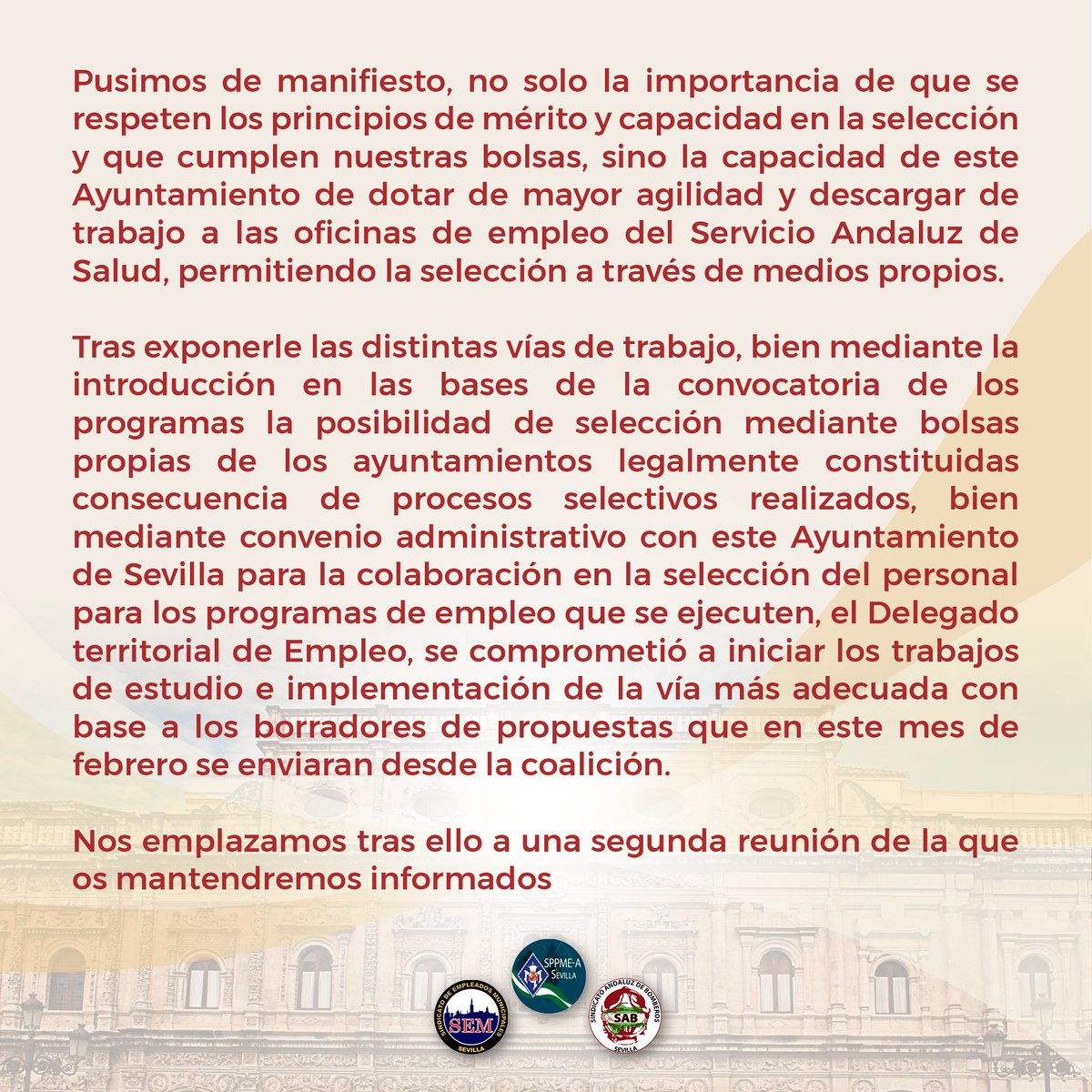 Aquí os dejamos un resumen de lo tratado en la reunión con el Delegado Territorial de Empleo de la Junta de Andalucía ℹ️

<a href="/SppmeaSevilla/">SPPME-A SEVILLA</a> <a href="/SEMaytodSevilla/">SEM. SINDICATO DE EMPLEADOS MUNICIPALES</a> <a href="/SAB_Sevilla/">Sind. And. Bomberos</a> 

🆕 para cualquier otra información estamos a vuestra disponibilidad
