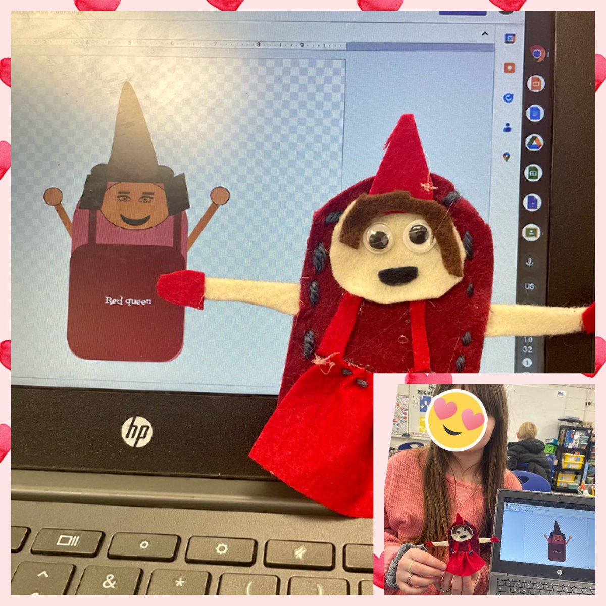 My favorite lesson every time! Design a character in Google drawing then hand sew. This year, finger puppet Character from Through the Looking Glass. ❤️👑 <a href="/alabamagifted/">Alabama Gifted</a> <a href="/WatwoodElem/">Watwood Elementary</a> #fourthgrade #redqueen