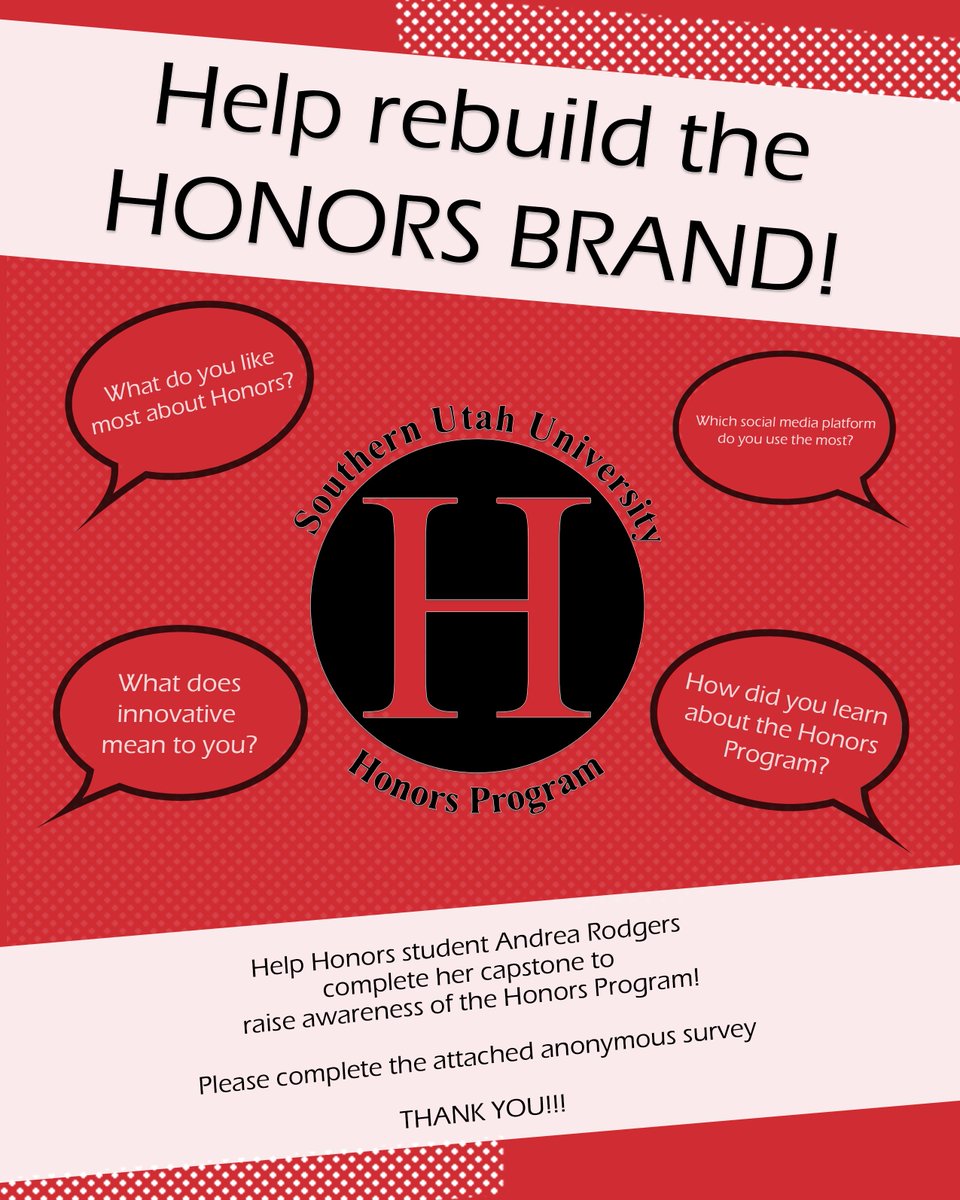 suuhonors's tweet photo. HELP NEEDED!
As Honors continues to develop, we want to increase our program awareness and inclusion!
Please fill out this survey to help Honors student Andrea with her capstone to help meet these goals! 
Every voice counts!!! Thank you in advance!
https://t.co/NXfPv1EjvR https://t.co/0HZbC0Q0id