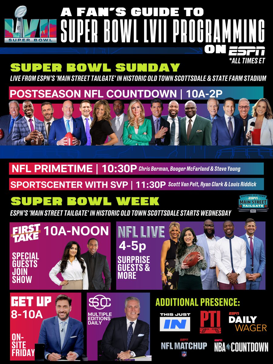 ESPNPR's tweet photo. #SuperBowlLVII is here &amp; ESPN has fans covered leading up to Chiefs-Eagles🏜️

🏈Wed-Fri: @FirstTake, NFL Live, @SportsCenter &amp; more from Scottsdale; @GetUpESPN joins onsite Fri

🏈#SuperBowl Sunday: Postseason NFL Countdown, NFL PrimeTime &amp; SportsCenter

🔗https://t.co/1ZAXuYFYv9 https://t.co/fD4MWjeYAo