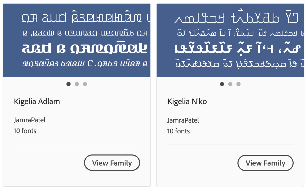Right-to-left, connected scripts began performing much better in Adobe products last year, so we’re pleased to announce that we’ve added Kigelia’s Adlam and N’ko complements to our offering at <a href="/AdobeFonts/">Adobe Fonts</a> . The entire family is available now.

fonts.adobe.com/foundries/jamr…
