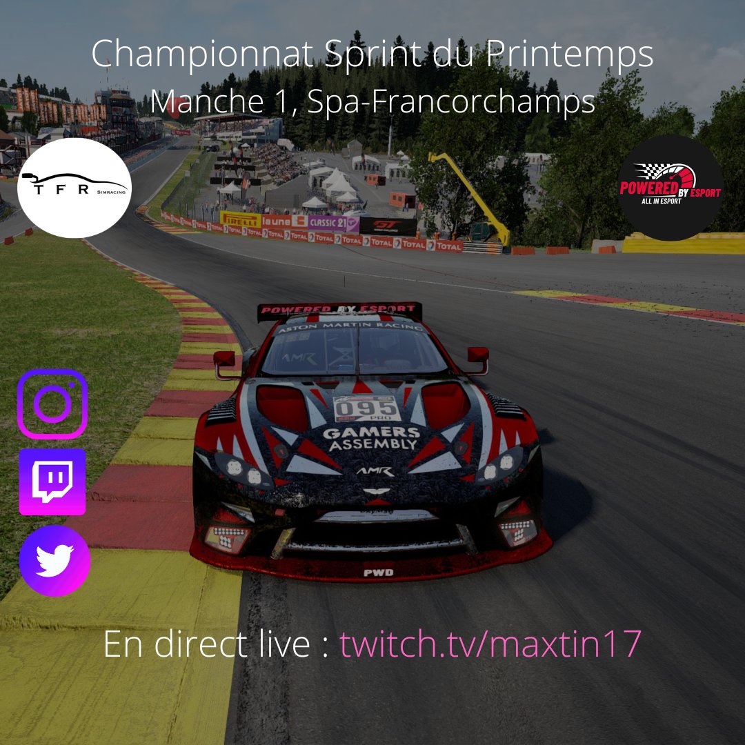 Première manche du championnat Sprint du Printemps ce mardi 7 février à partir de 21h en direct sur ma chaîne Twitch.

1h10 de course sur le circuit de Spa-Francorchamps. 🏎️🇧🇪

#ACC #AssettoCorsaCompetizione #Twitch #Gaming #Simracing #Thrustmaster #Spa Twitch.tv/maxtin17