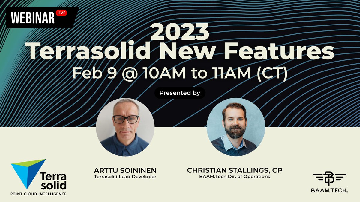 baam_tech's tweet photo. Join @terrasolid's Arttu Soininen and Christian Stallings Certified Photogrammetrist as they walkthrough and demo the newest features to the Terrasolid suite of tools, along with hosting a Q&amp;A session this Thursday, February 9 at 10AM (CT).

Register Now: https://t.co/mKyVIDWzXK https://t.co/xF9HDsHVYy
