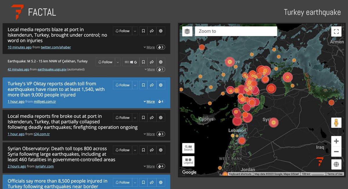 Moments after the #TurkeyEarthquake, our team has worked around the clock covering the damage, death toll, rescues and aid. This is the first 15 hours on the map. Factal has 200+ free NGO members, and we can add more quickly here: factal.com/solutions/ngo/ #Turkey