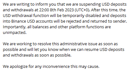 CryptianityCom's tweet photo. Breaking News: Binance will suspend USD deposits and withdrawals at UTC 22:00 8th February 2023. https://t.co/9SR06vZqcL