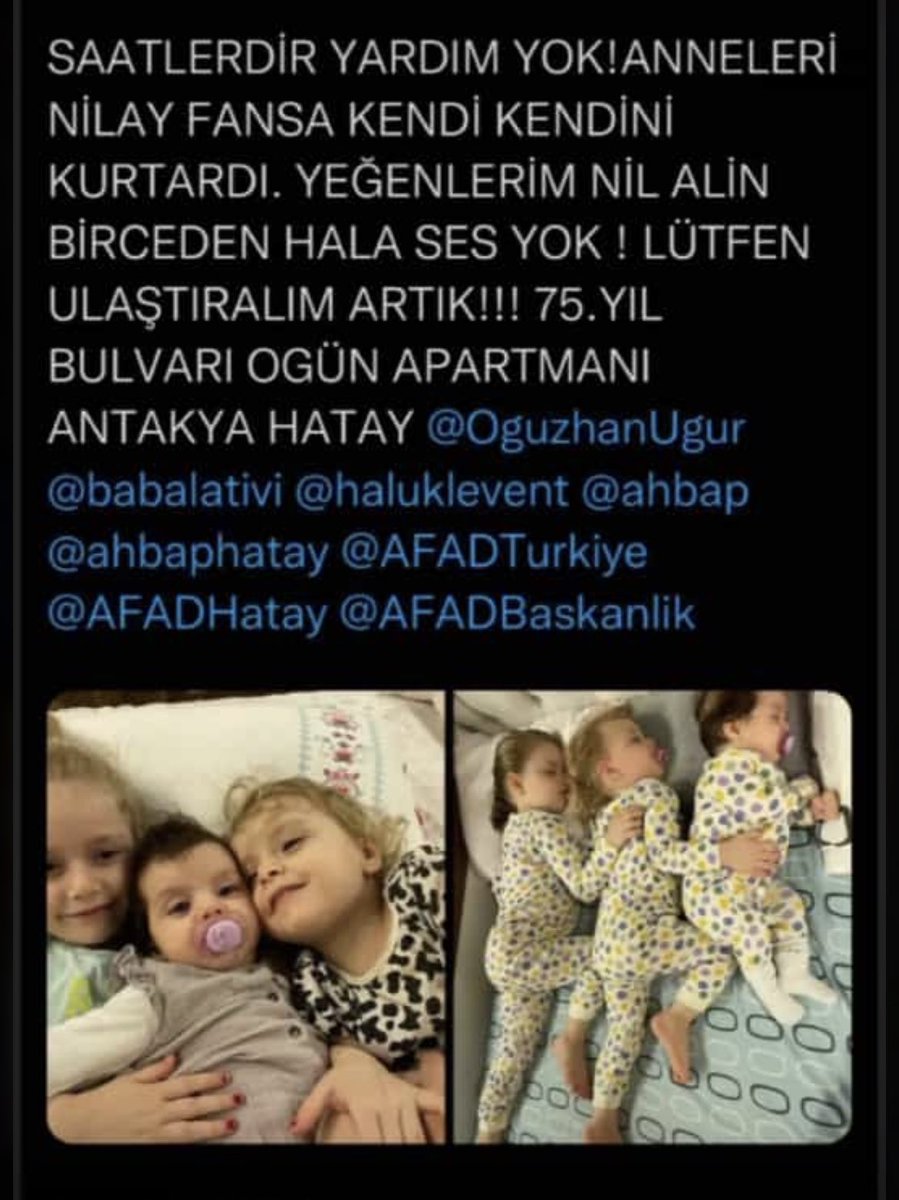 Frida_Bilge_Ezo's tweet photo. Canım Arkadaşım Nilay kendi çıkmayı basarmıs. Esi ve 3 çocugu enkazda. Esi konuşayabiliyor ama çocuklardan ses yok.. HATAY ACiL…‼️Lütfen yardım‼️@bengibaser @esenol @DrGunerSonmez @GucluYaman @ahbapacil @FOXhaber https://t.co/bxHMq7irPm