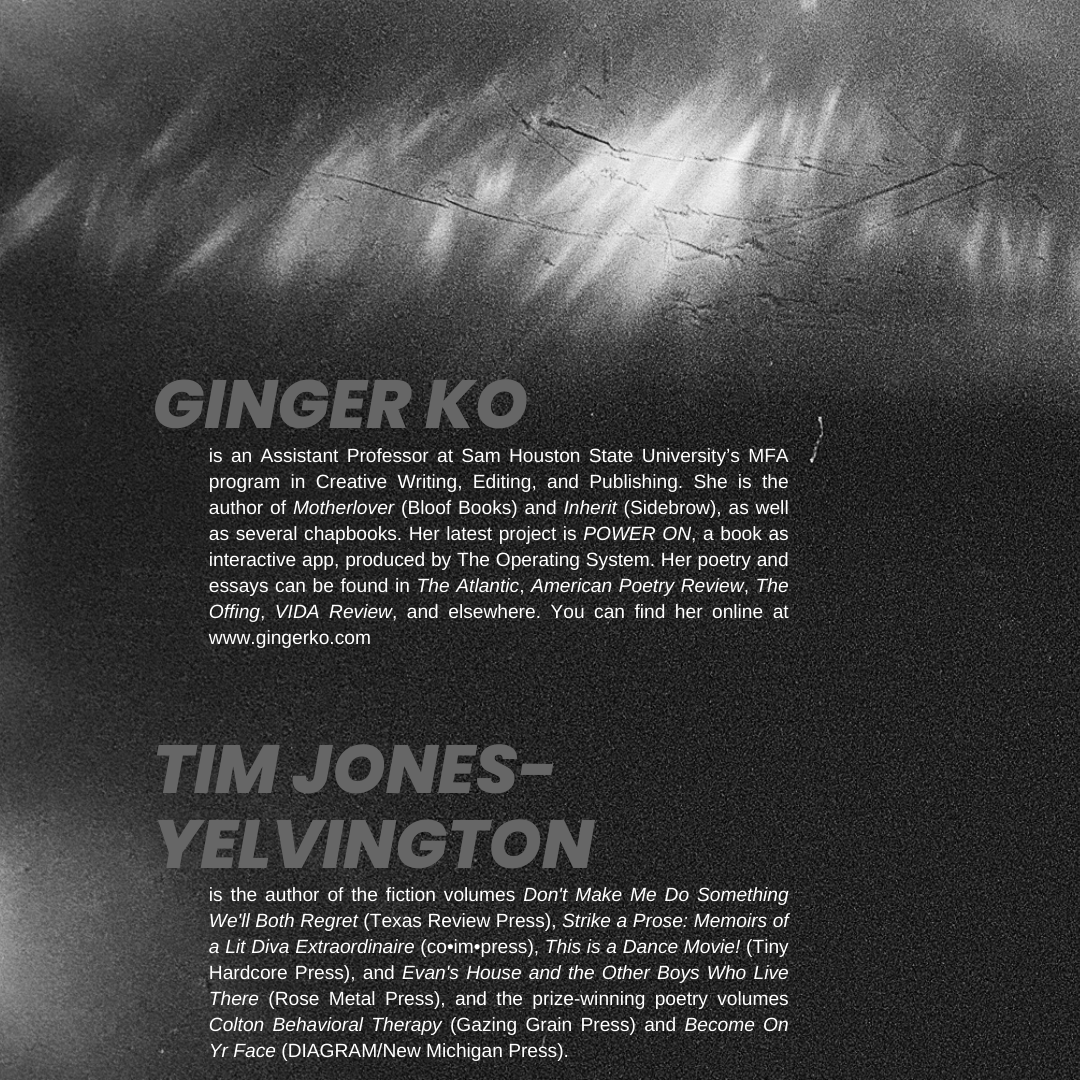 In just a few days, Ginger Ko and Tim Jones-Yelvington will be in Lafayette to read! We hope to see you there: Beausoleil Books, Thursday, 7:00 PM! This will be an unmissable event!

We're grateful to the UL Graduate School and the Friends of the Humanities for their support.