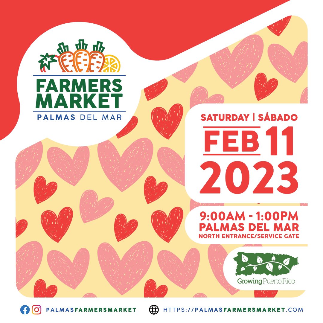 wegrowpr's tweet photo. Celebrate LOVE!
The next Palmas Farmers Market is Saturday, February 11, 2023. Over 40 farmers, agriculture producers, and artisans welcome you between 9 am – 1 pm. #farmersmarket https://t.co/8S8yczZSJJ