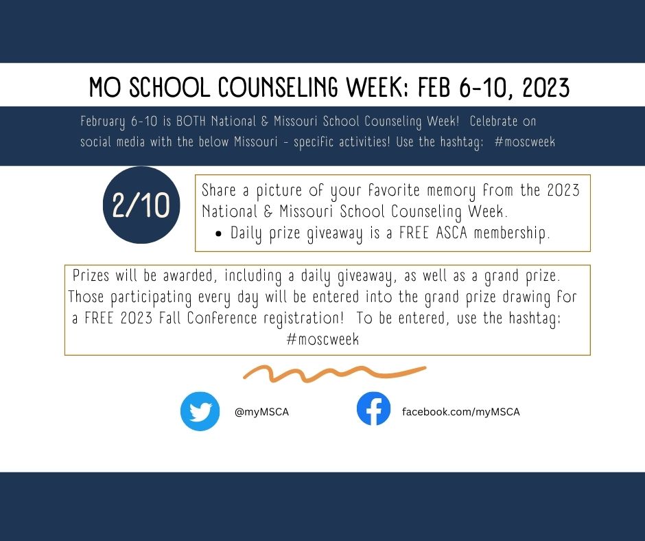 myMSCA's tweet photo. Today's Content Recommendation: Share a picture of your favorite memory from the 2023 National & Missouri School Counseling Week.
Daily prize giveaway is a FREE ASCA membership. #moscweek https://t.co/mqFNo8Pzdu